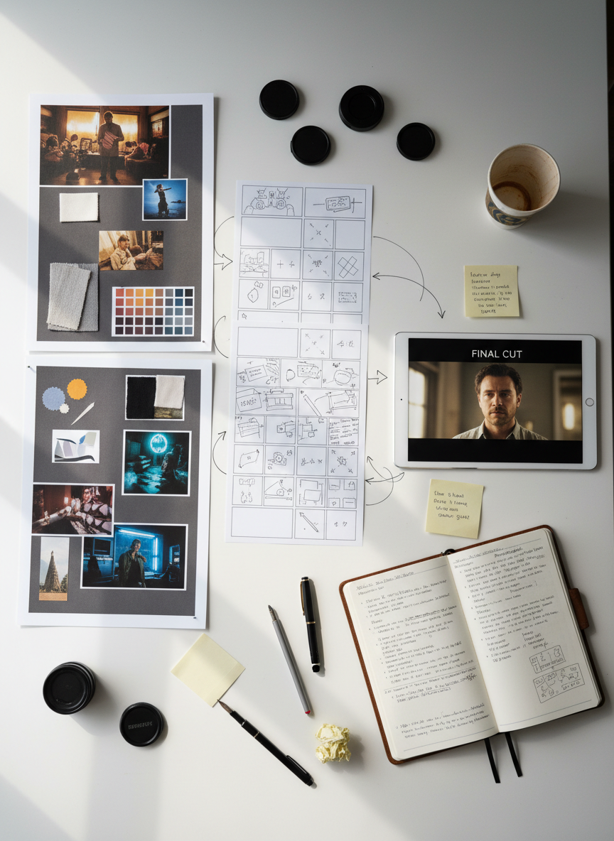 An overhead, photographic shot of a creative process layout for a short film project, arranged on a large white table. There are storyboard panels sketched on index cards, printed mood boards with color palettes and still images, a tablet showing a frame from the final video, and a notebook filled with handwritten production notes and arrows. Small objects like lens caps, pens, and sticky notes add texture and realism. Diffused daylight from a nearby window casts soft, even illumination, minimizing harsh shadows. The composition is thoughtfully messy yet clearly organized, with leading lines guiding the eye across the stages from concept to final product, conveying an analytical but imaginative atmosphere of creative development.