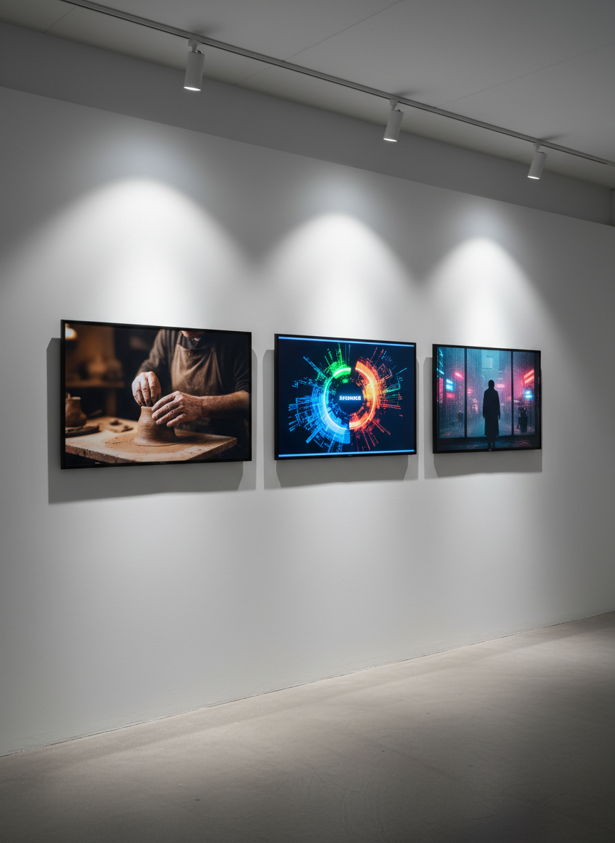 A clean, photographic scene of a minimalist exhibition wall in a studio-like space, where several large, frameless screens and prints showcase different audiovisual works: a still from a documentary, a vibrant motion graphics frame, and a moody cinematic shot. The wall is smooth and white, with discreet ceiling track lights casting focused beams that highlight each piece and create subtle, elongated shadows below. Shot from a slightly off-center position at eye level, the composition uses asymmetrical balance to suggest variety in the portfolio. The atmosphere is professional and gallery-like, emphasizing the evolution from academic projects to polished professional work in communication and audiovisual production.